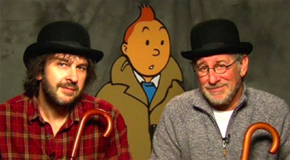 Peter Jackson y Steven Spielberg con Tintín de fondo