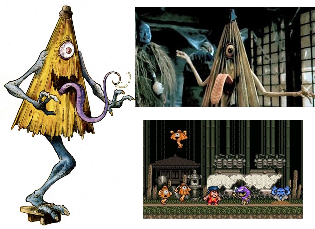El Karakasaokabe en su imagen tradicional, en un fotograma y en un videojuego.