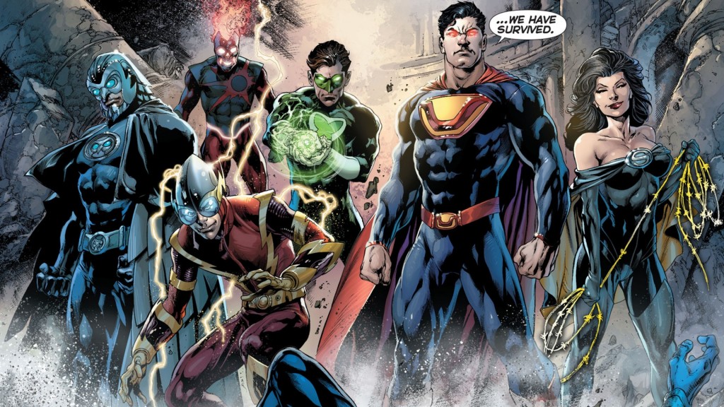 El Sindicato del Crimen: Owlman, Deathstorm, Johnny Quick, Power Ring, Ultraman y Superwoman. Falta Atomika y Red.